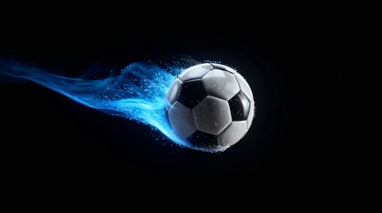 Naklejka premium Soccer ball in motion with blue flame effect on a black background, showcasing speed and dynamic movement in a sports-themed visual representation