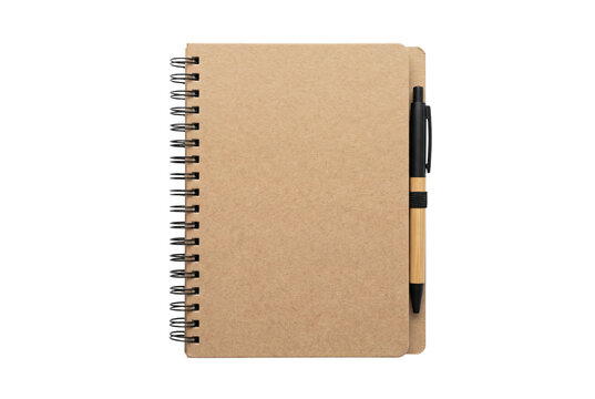 Spiral notebook with pen on brown kraft cover
