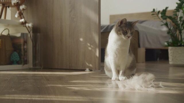 Cat Watching Fur Fall on Wooden Floor
