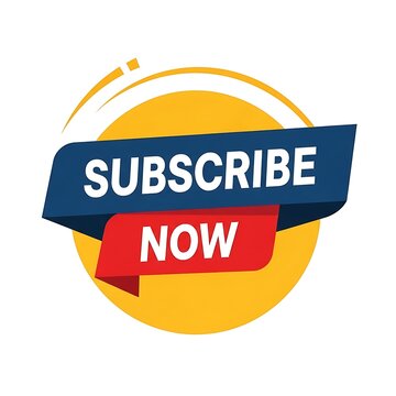 Subscribe now button with blue and red banners on yellow circle
