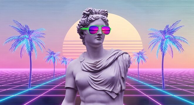 Retro synthwave statue wearing sunglasses, palm trees, neon grid road, and sunset, 80s vaporwave aesthetic, digital art.