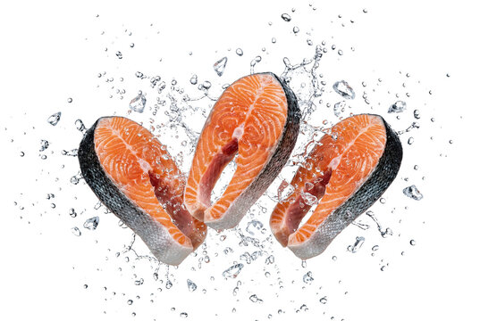 Fresh raw salmon steaks with water splashes