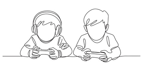 Continuous line drawing of two young boys focused while playing intense video games together Vector, illustration © D-Stocker2026