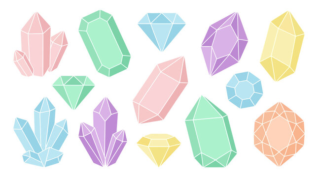 A collection of colorful, stylized crystals and gemstones in various geometric shapes and pastel hues, isolated on a white background.