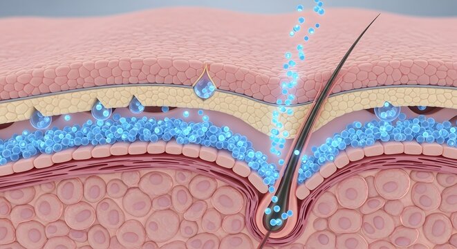 Anatomical cross section of human skin with a needle injecting a substance