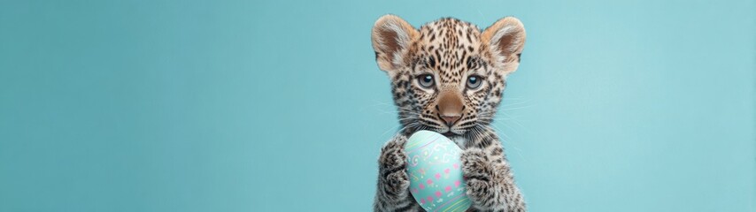 Fototapeta premium Easter bliss: cub's delightful egg and colorful spring. Minimal design. Easter greetings with a lovable cub holding a bright festival egg. Rule thirds. Large format.