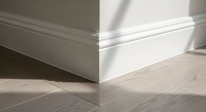 Modern white baseboard with decorative molding | Light oak hardwood floor corner detail | Minimalist interior home renovation design | Elegant skirting board installation