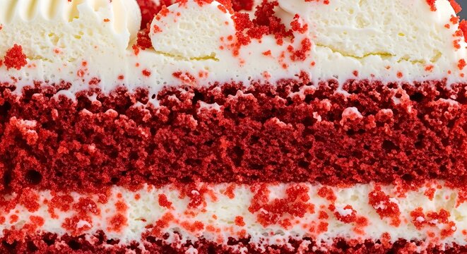 Close up of layered red velvet cake with cream cheese frosting, rich texture and vibrant colors, perfect for food blogs and dessert advertising