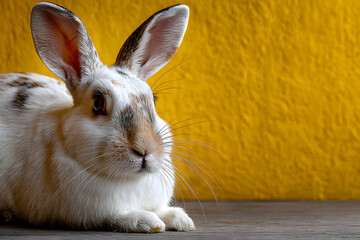 White rabbit on bright yellow background relaxing in a sunny spot during daytime