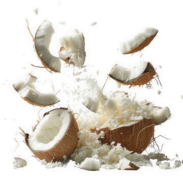 Broken coconut with shredded flakes isolated on transparent background