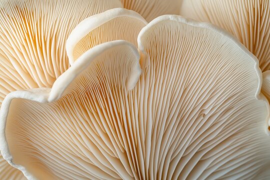 Close-up macro view of oyster mushroom gills revealing intricate biological texture and organic pattern in gentle light