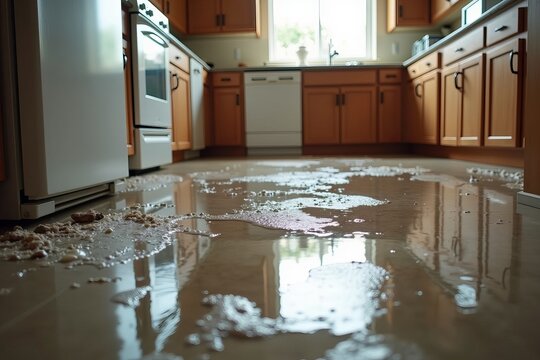 Close-up of Flooded Kitchen Floor: A Devastating Water Leak Causes Chaos and Damage