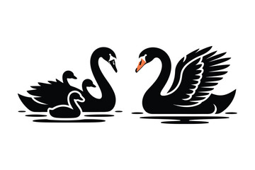 Fototapeta premium Two adult black swans and two baby cygnets swimming, vector illustration