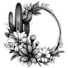 Black and white illustration of cactus surrounded by flowers in a circular design with clear lines and detailed features