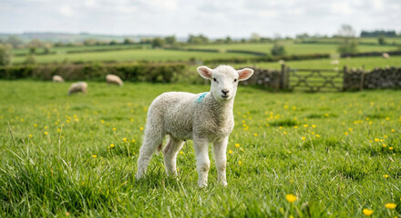 Obraz premium Solitary white lamb looking forward portrait