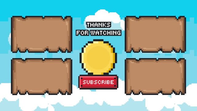 Retro pixel parchment scroll outro with multiple old paper panels and sun centerpiece fantasy map theme Prores 4K 60fps