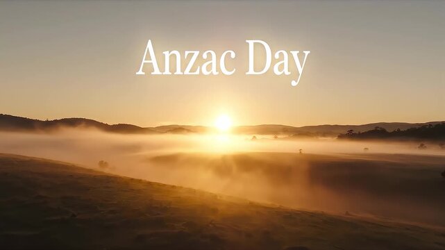 Golden sunrise illuminates misty mountain valley background. Digital text projects anzac memorial greeting for solemn military remembrance, national tribute and historical veteran honor.