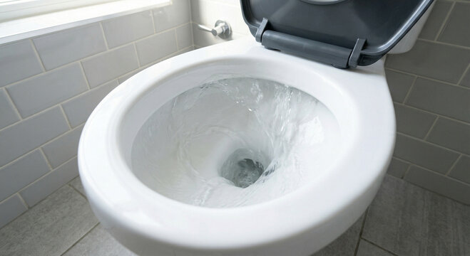 White toilet bowl with flushing water vortex close up