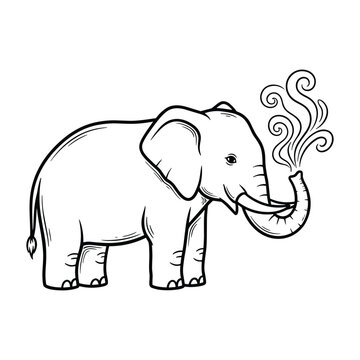 A black and white line drawing of a cute cartoon elephant spraying water from its trunk.