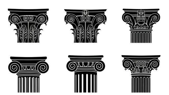 Ancient Greek Column Capitals Set: Ionic, Corinthian, Composite Architectural Elements