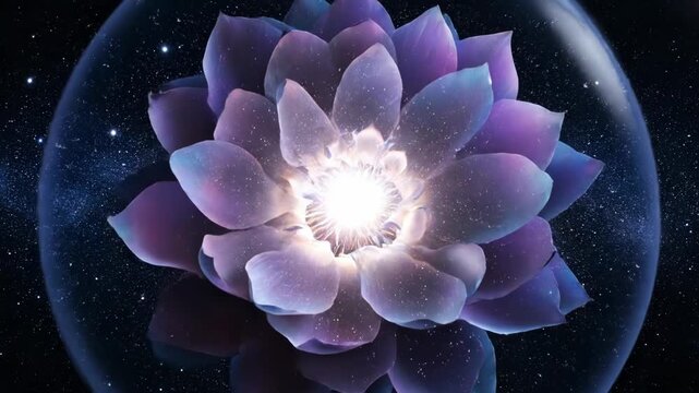Abstract Lotus Flower Blooming in Space with Glowing Light.