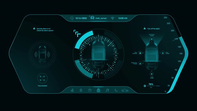 Futuristic smart car HUD dashboard with central digital interface and vehicle monitoring system, glowing blue sci fi automotive UI, autonomous driving control panel design