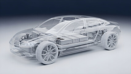 Naklejka premium A transparent car chassis with wheels and engine is shown in a studio.