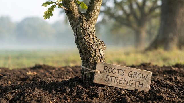 168 Composition of a Lone Study: Tree with Roots Grow Strength Sign