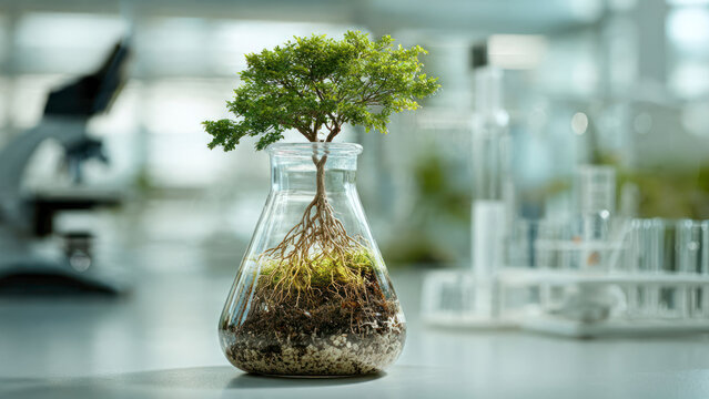 Tanaman hijau dalam vas kaca berisi air jernih dengan daun segar yang mekar untuk dekorasi alam atau kebutuhan riset sains laboratorium flora