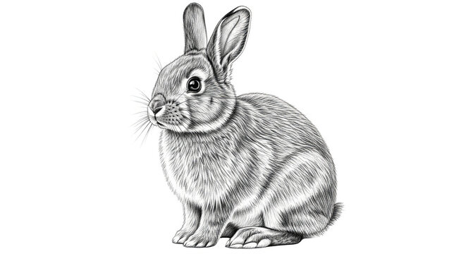 Detailed pencil sketch of a small rabbit sitting attentively on a.