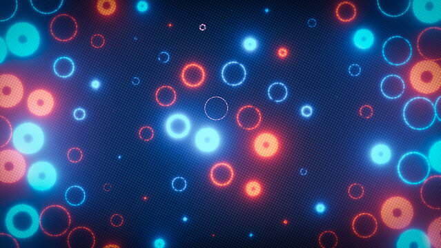 Abstract background with glowing neon circles rotating on digital display
