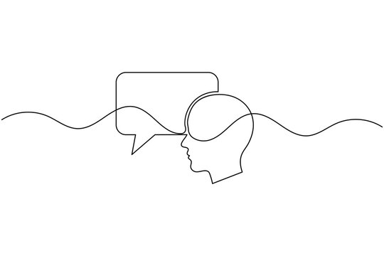 Human Head with Speech Bubble Continuous One Line Drawing Minimalist Chat Message Thinking Outline Vector Illustration