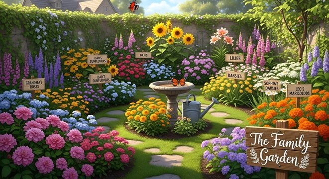 Lush summer garden overflowing with vibrant flowers, blooming perennials and sunflowers, ladybugs and butterflies flitting around a birdbath, creating a peaceful idyllic scene