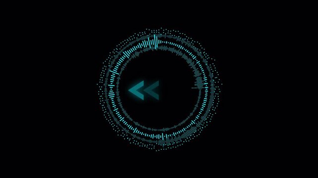 Futuristic circular HUD interface with rewind control icon and glowing blue digital ring, sci fi technology background, cyber media control UI design