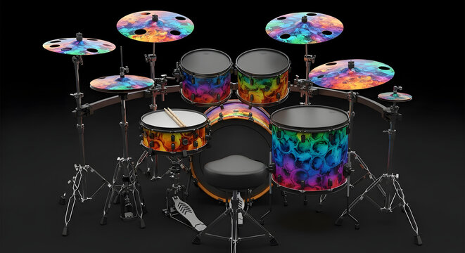 Colorful drum set with rainbow cymbals and vibrant patterns on a black background