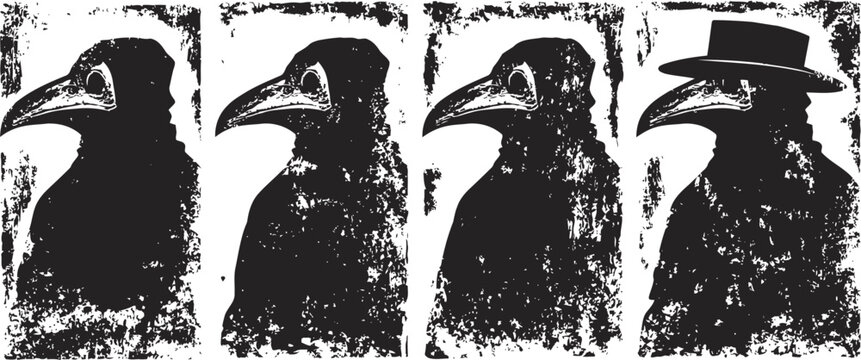 Four vintage plague doctor illustrations showing progression from traditional bird mask to the figure wearing a hat
