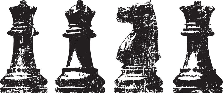 grunge black chess pieces set with king, queen, knight, and rook silhouettes