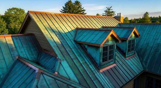 Close-up of aged copper roof with verdigris patina and dormer windows under a soft blue sky, architectural detail, natural texture
