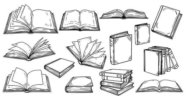 Book sketch collection hand drawn open closed stacked books outline vector isolated on white