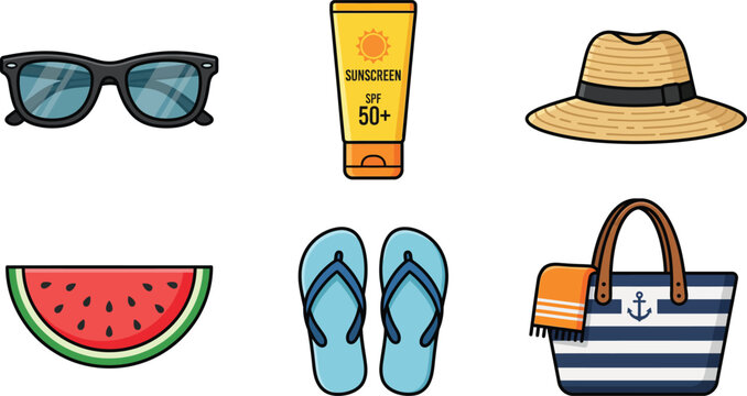 Summer vacation beach accessories and food
Collection of summer vacation items including sunglasses sunscreen hat flip flops beach bag and watermelon