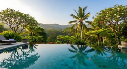 Fototapeta premium Stunning infinity pool overlooking a vibrant tropical jungle and lush green hills under a clear blue sky, perfect for a luxurious getaway.