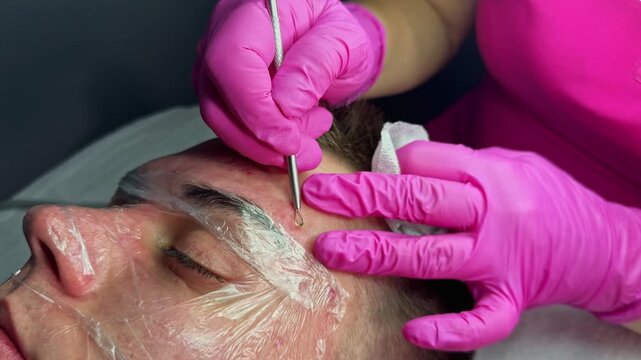 A person lies on a treatment bed while a skincare professional works on their forehead. The professional uses tools to perform a facial procedure. Both wear gloves.