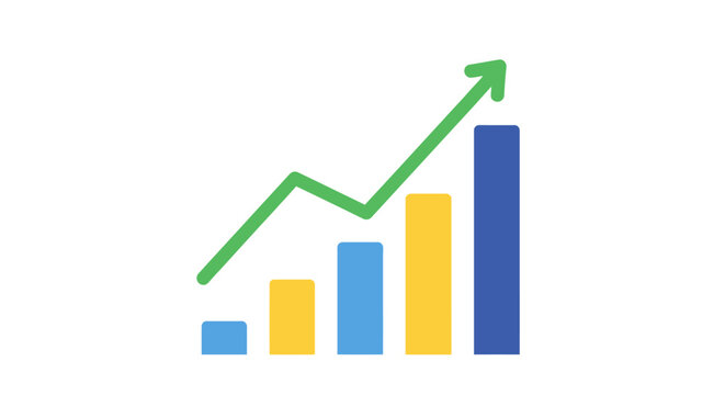 Colorful bar graph with green arrow.