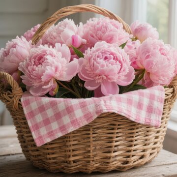 Peony Gingham Basket A large basket filled with fluffy pink peon