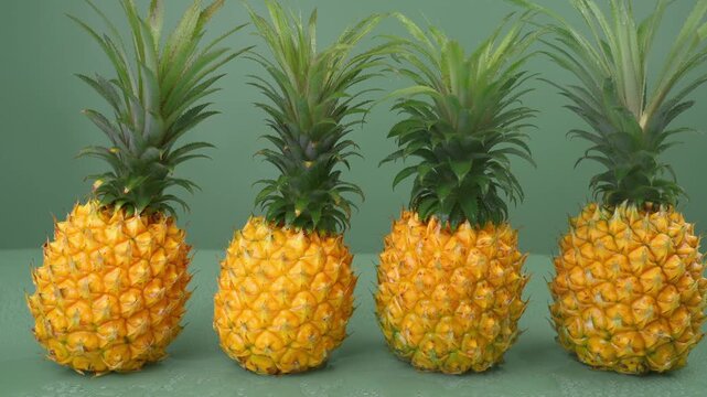 Macro Extreme Close-up of Fresh Pineapple Texture and Four Whole Pineapples Row on Green Background for Food Ads