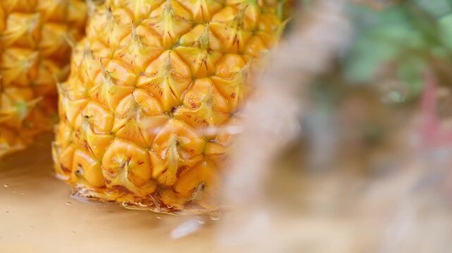 Macro Close-up of Fresh Yellow Pineapple with Water Splashing and Ripples, Tropical Fruit Washing on Golden Background