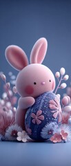Fototapeta premium Celebrate easter with a lovely bunny and festive egg design. Editorial style. Pastel bunny cradles easter egg with warm wishes. Acid colors. Creative poster.