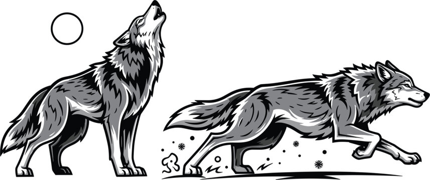 Wolf Howling and Running Vector Featuring Wild Wolf in Motion for Wildlife, Forest Animals, and Nature Design