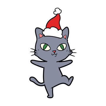 A cute grey cartoon cat wearing a red and white santa hat dancing on a white background.
