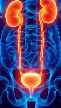 3d rendering of the human urinary system, depicting kidneys, ureters, and bladder with luminous detail, suitable for medical education, healthcare, anatomy study, and scientific research.